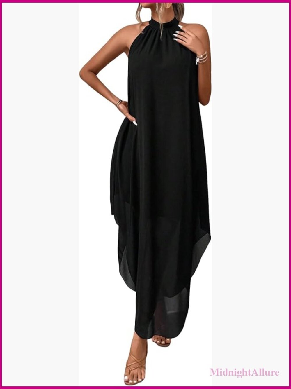 Women's Halter Flowy Chiffon Asymmetrical Maxi Dress - Picture 1 of 7
